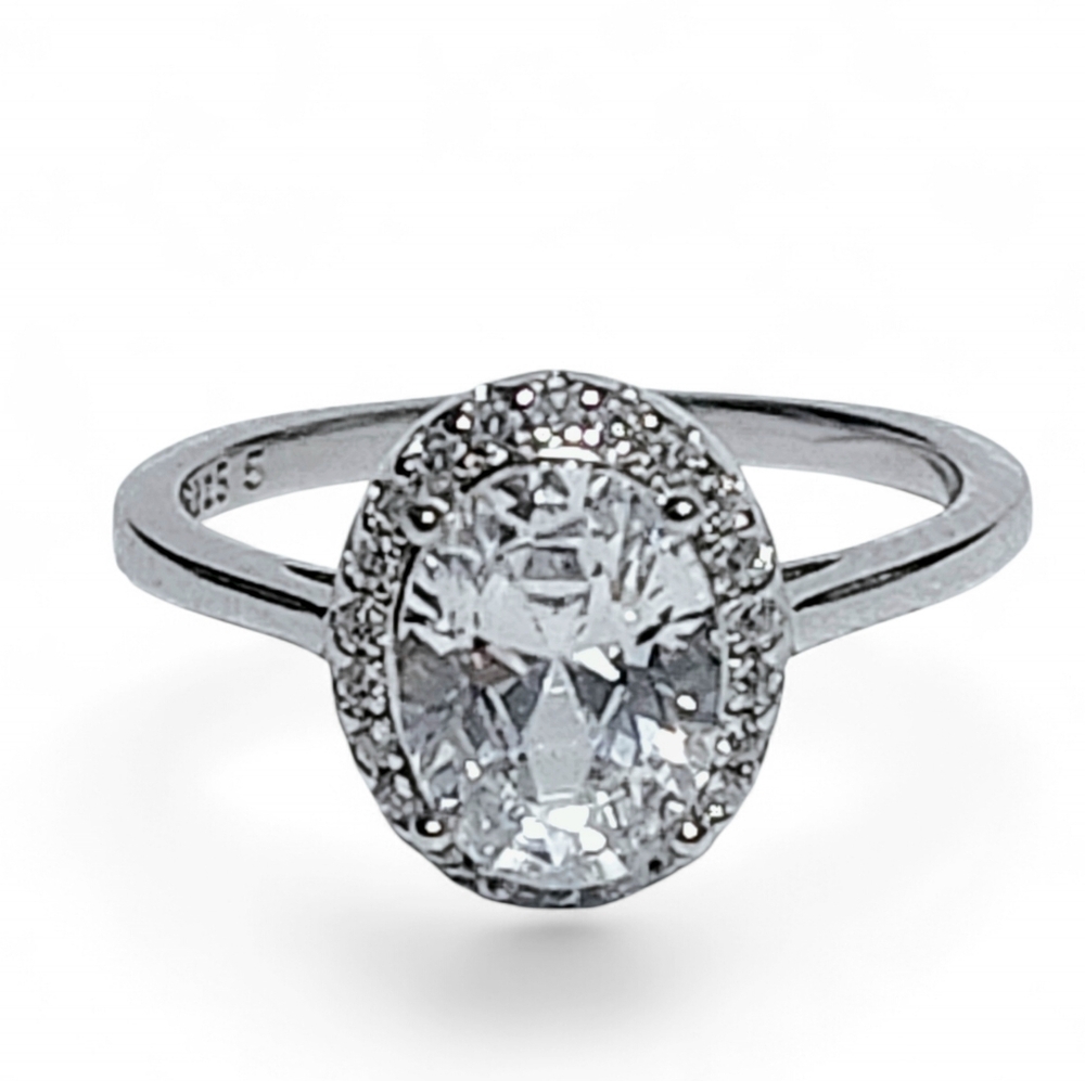1.25 ct Solitaire Oval Halo Sterling Silver Engagement Ring size 5